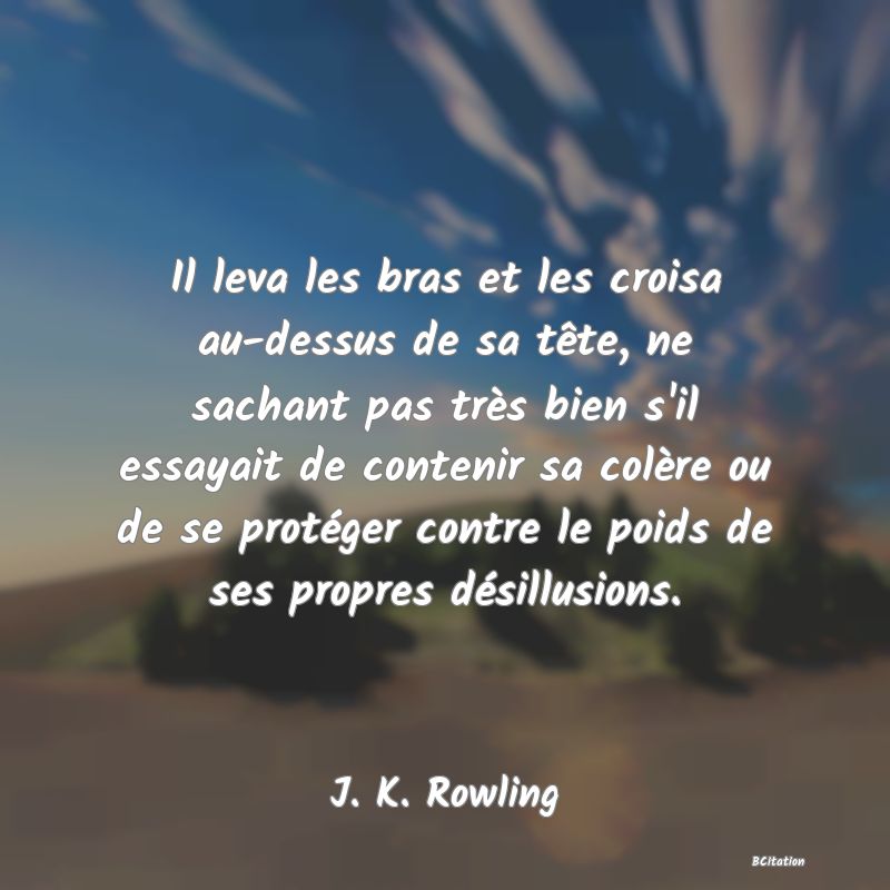 image de citation: Il leva les bras et les croisa au-dessus de sa tête, ne sachant pas très bien s'il essayait de contenir sa colère ou de se protéger contre le poids de ses propres désillusions.