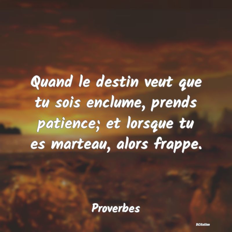 image de citation: Quand le destin veut que tu sois enclume, prends patience; et lorsque tu es marteau, alors frappe.