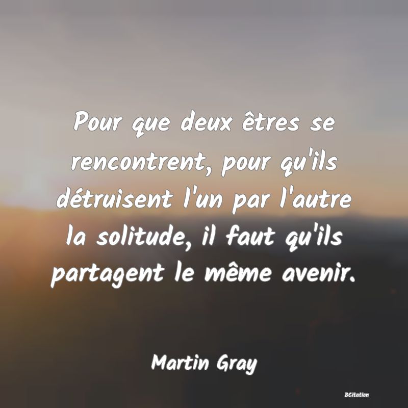 image de citation: Pour que deux êtres se rencontrent, pour qu'ils détruisent l'un par l'autre la solitude, il faut qu'ils partagent le même avenir.