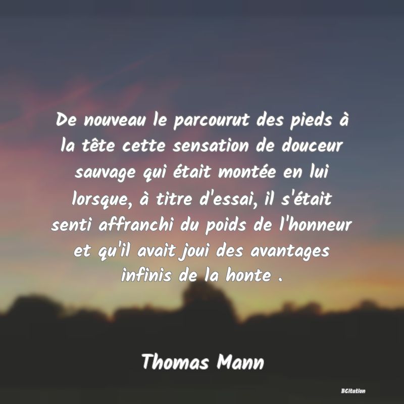 image de citation: De nouveau le parcourut des pieds à la tête cette sensation de douceur sauvage qui était montée en lui lorsque, à titre d'essai, il s'était senti affranchi du poids de l'honneur et qu'il avait joui des avantages infinis de la honte .