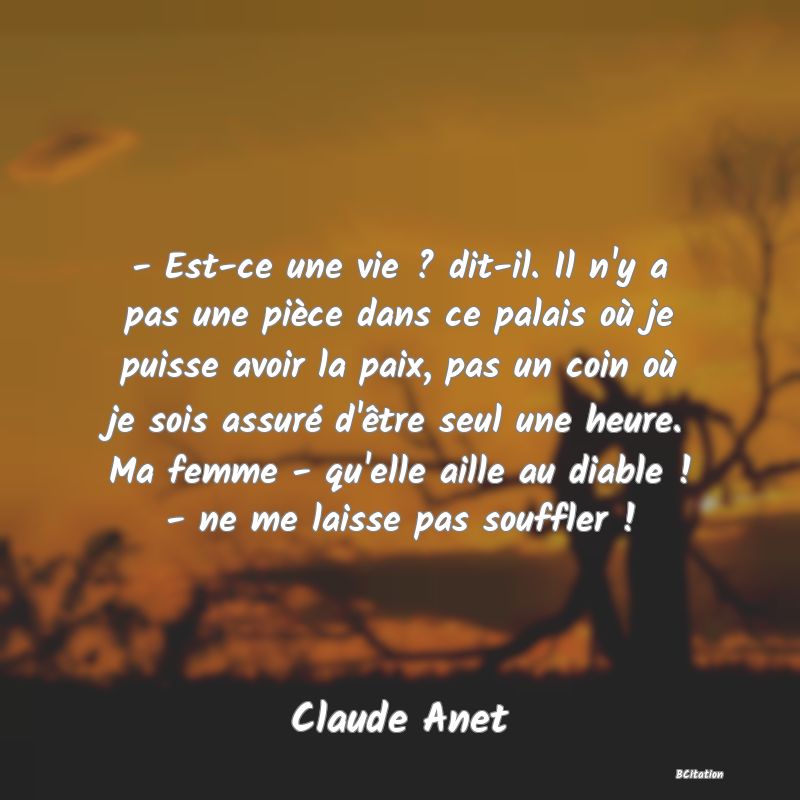 image de citation: - Est-ce une vie ? dit-il. Il n'y a pas une pièce dans ce palais où je puisse avoir la paix, pas un coin où je sois assuré d'être seul une heure. Ma femme - qu'elle aille au diable ! - ne me laisse pas souffler !