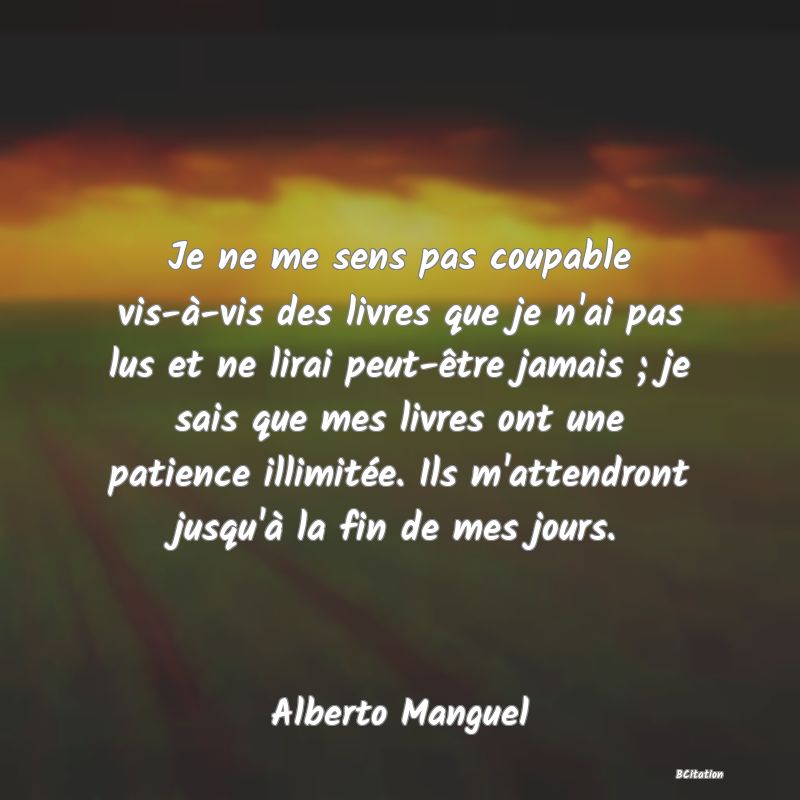 image de citation: Je ne me sens pas coupable vis-à-vis des livres que je n'ai pas lus et ne lirai peut-être jamais ; je sais que mes livres ont une patience illimitée. Ils m'attendront jusqu'à la fin de mes jours.