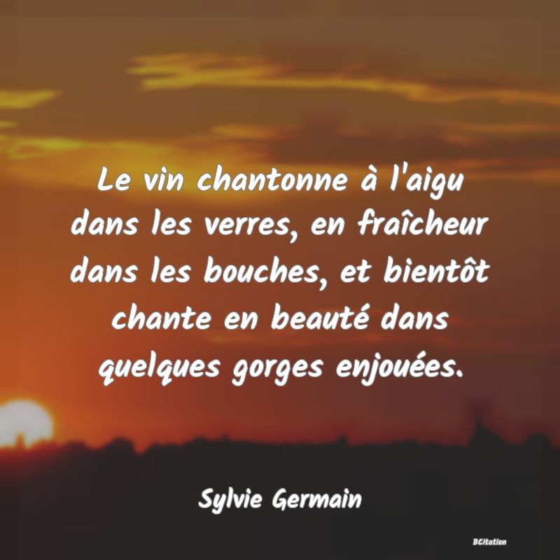 image de citation: Le vin chantonne à l'aigu dans les verres, en fraîcheur dans les bouches, et bientôt chante en beauté dans quelques gorges enjouées.