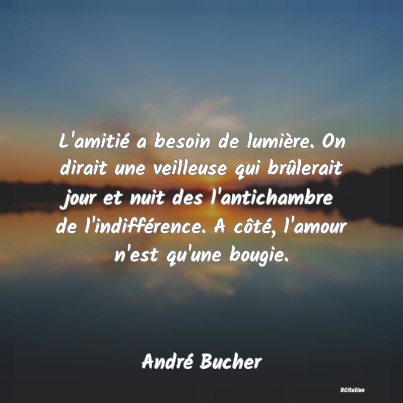 image de citation: L'amitié a besoin de lumière. On dirait une veilleuse qui brûlerait jour et nuit des l'antichambre de l'indifférence. A côté, l'amour n'est qu'une bougie.