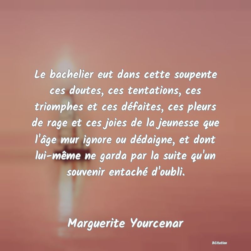 image de citation: Le bachelier eut dans cette soupente ces doutes, ces tentations, ces triomphes et ces défaites, ces pleurs de rage et ces joies de la jeunesse que l'âge mur ignore ou dédaigne, et dont lui-même ne garda par la suite qu'un souvenir entaché d'oubli.