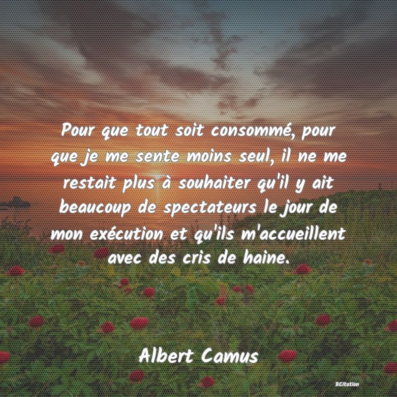 image de citation: Pour que tout soit consommé, pour que je me sente moins seul, il ne me restait plus à souhaiter qu'il y ait beaucoup de spectateurs le jour de mon exécution et qu'ils m'accueillent avec des cris de haine.