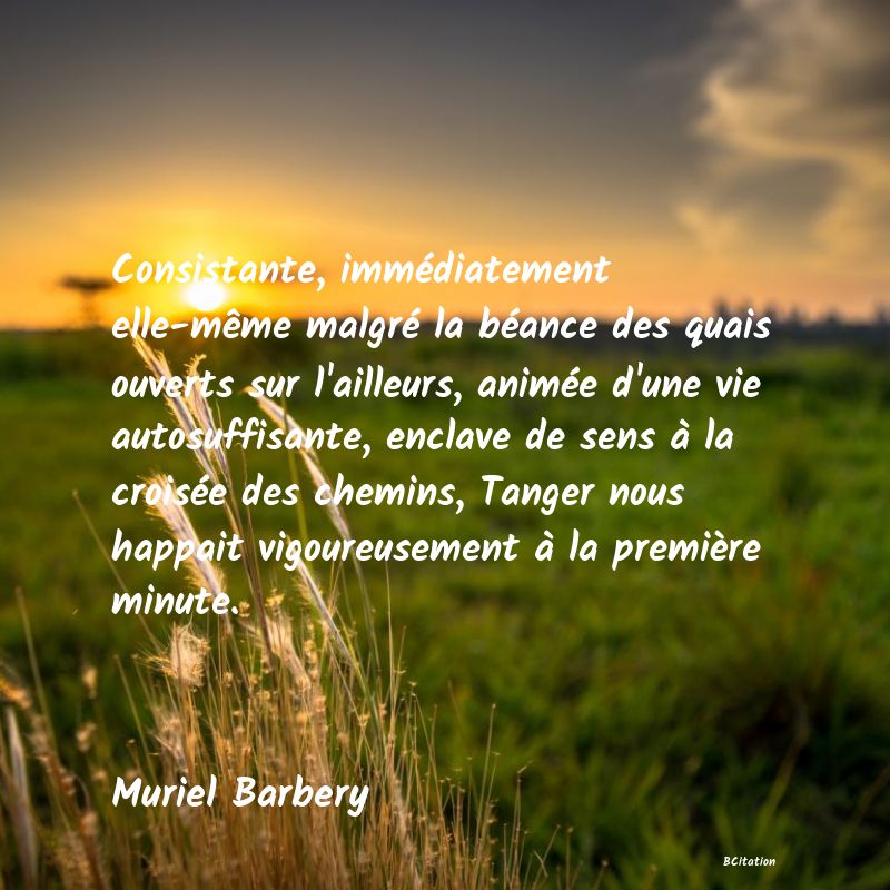 image de citation: Consistante, immédiatement elle-même malgré la béance des quais ouverts sur l'ailleurs, animée d'une vie autosuffisante, enclave de sens à la croisée des chemins, Tanger nous happait vigoureusement à la première minute.