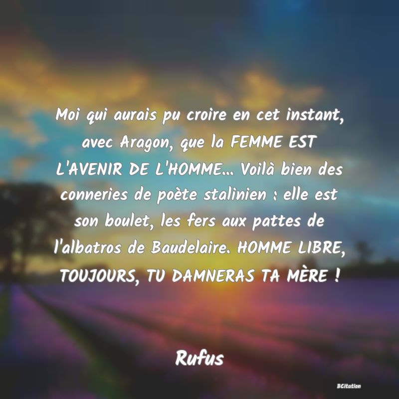 image de citation: Moi qui aurais pu croire en cet instant, avec Aragon, que la FEMME EST L'AVENIR DE L'HOMME... Voilà bien des conneries de poète stalinien : elle est son boulet, les fers aux pattes de l'albatros de Baudelaire. HOMME LIBRE, TOUJOURS, TU DAMNERAS TA MÈRE !