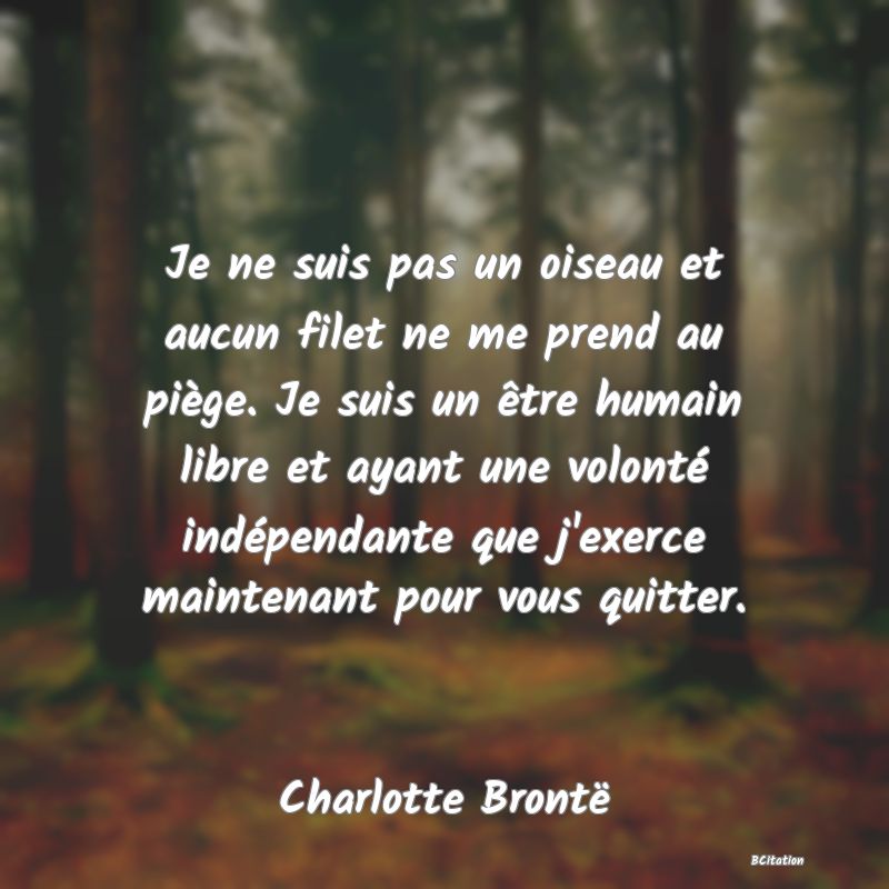 image de citation: Je ne suis pas un oiseau et aucun filet ne me prend au piège. Je suis un être humain libre et ayant une volonté indépendante que j'exerce maintenant pour vous quitter.