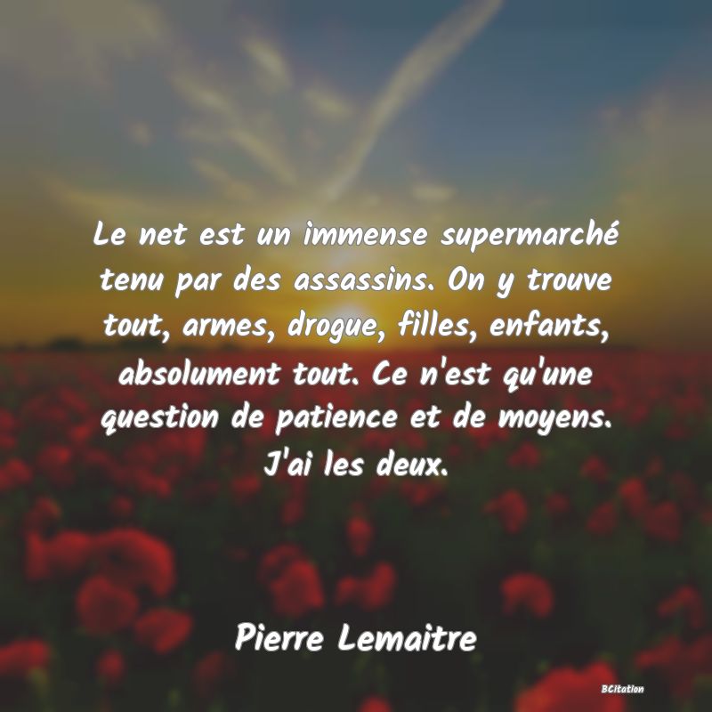 image de citation: Le net est un immense supermarché tenu par des assassins. On y trouve tout, armes, drogue, filles, enfants, absolument tout. Ce n'est qu'une question de patience et de moyens. J'ai les deux.