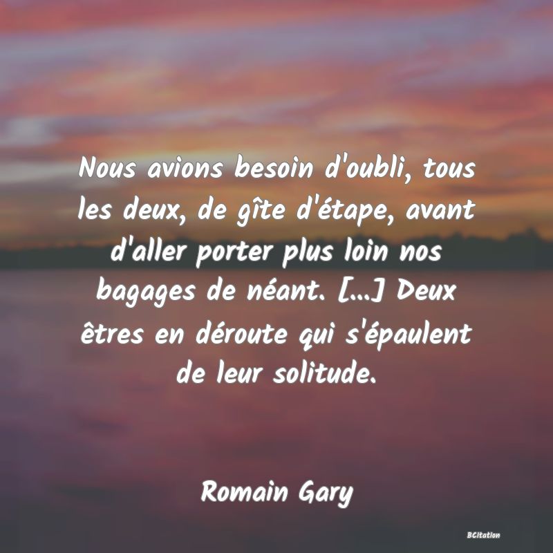 Belle Citation - Nous avions besoin d'oubli, tous les deux, de gîte d'étape, avant d'aller porter plus loin nos bagages de néant. [...] Deux êtres en déroute qui s'épaulent de leur solitude. - Romain Gary