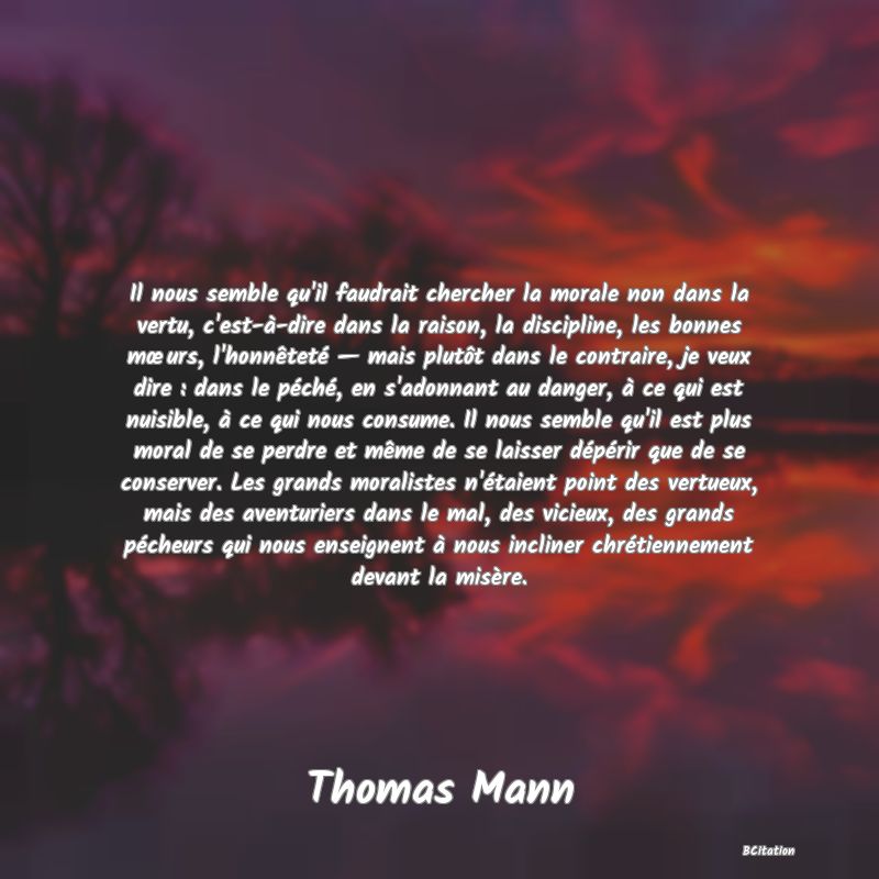 image de citation: Il nous semble qu'il faudrait chercher la morale non dans la vertu, c'est-à-dire dans la raison, la discipline, les bonnes mœurs, l'honnêteté — mais plutôt dans le contraire, je veux dire : dans le péché, en s'adonnant au danger, à ce qui est nuisible, à ce qui nous consume. Il nous semble qu'il est plus moral de se perdre et même de se laisser dépérir que de se conserver. Les grands moralistes n'étaient point des vertueux, mais des aventuriers dans le mal, des vicieux, des grands pécheurs qui nous enseignent à nous incliner chrétiennement devant la misère.