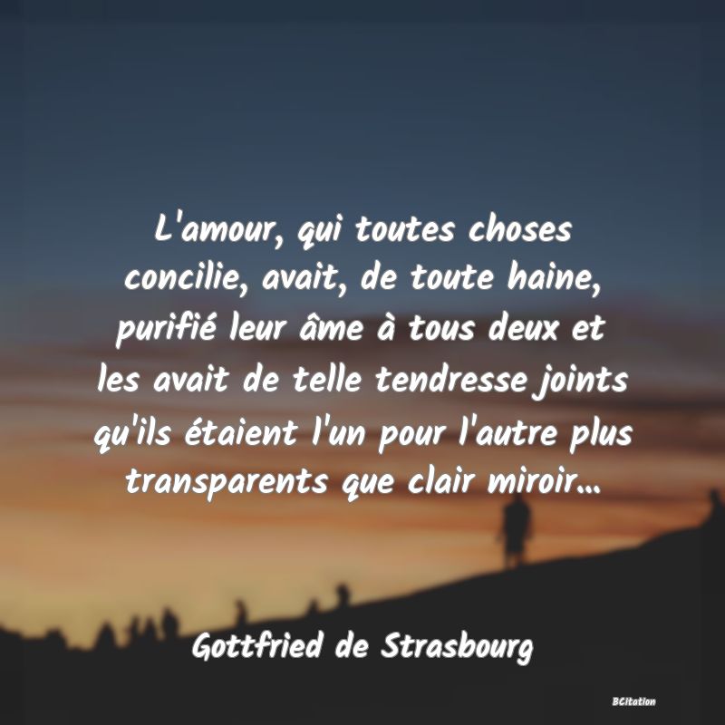 image de citation: L'amour, qui toutes choses concilie, avait, de toute haine, purifié leur âme à tous deux et les avait de telle tendresse joints qu'ils étaient l'un pour l'autre plus transparents que clair miroir...