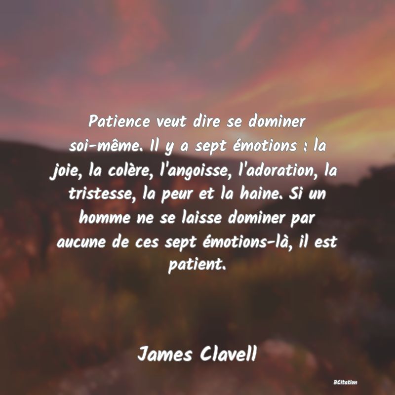 image de citation: Patience veut dire se dominer soi-même. Il y a sept émotions : la joie, la colère, l'angoisse, l'adoration, la tristesse, la peur et la haine. Si un homme ne se laisse dominer par aucune de ces sept émotions-là, il est patient.