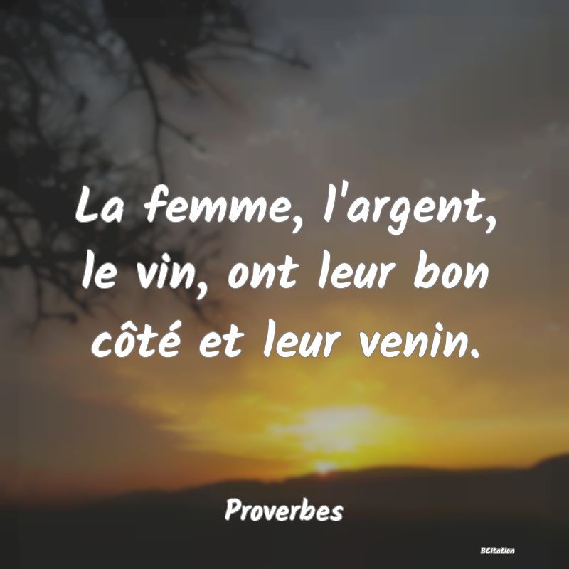image de citation: La femme, l'argent, le vin, ont leur bon côté et leur venin.
