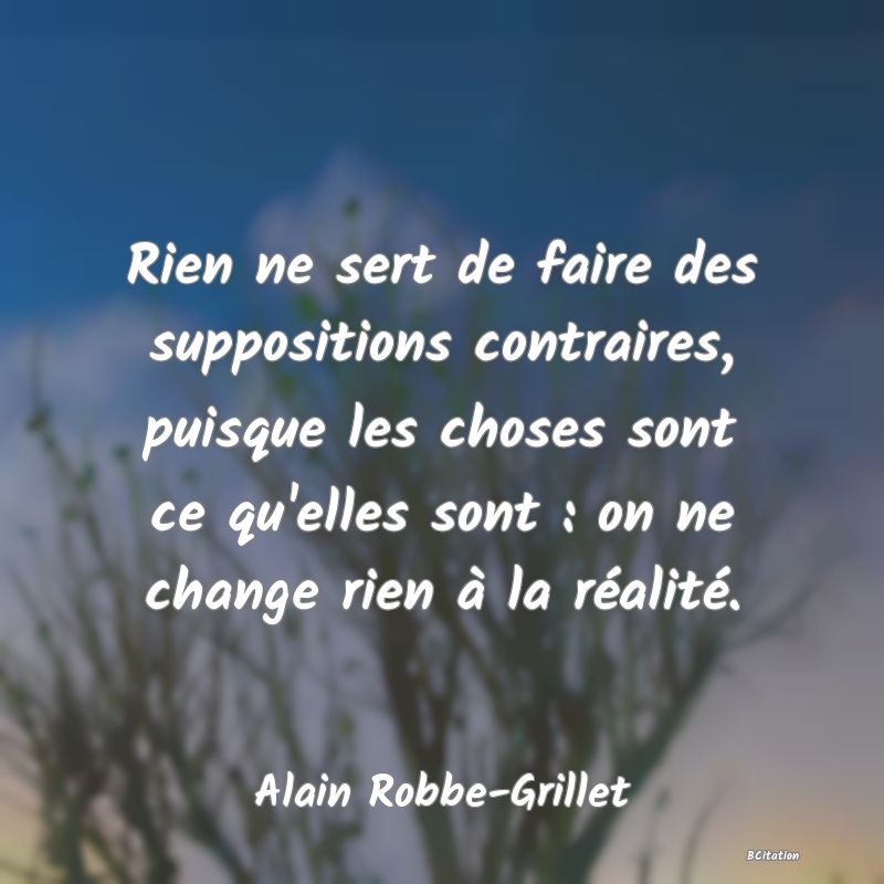 image de citation: Rien ne sert de faire des suppositions contraires, puisque les choses sont ce qu'elles sont : on ne change rien à la réalité.