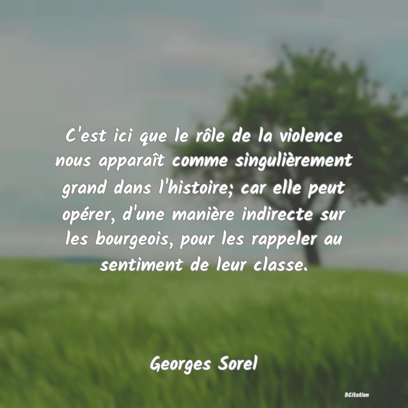 image de citation: C'est ici que le rôle de la violence nous apparaît comme singulièrement grand dans l'histoire; car elle peut opérer, d'une manière indirecte sur les bourgeois, pour les rappeler au sentiment de leur classe.