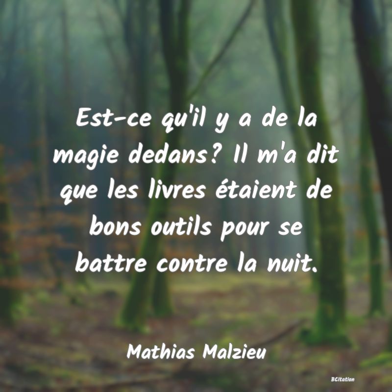 Belle Citation - Est-ce qu'il y a de la magie dedans? Il m'a dit que les livres étaient de bons outils pour se battre contre la nuit. - Mathias Malzieu