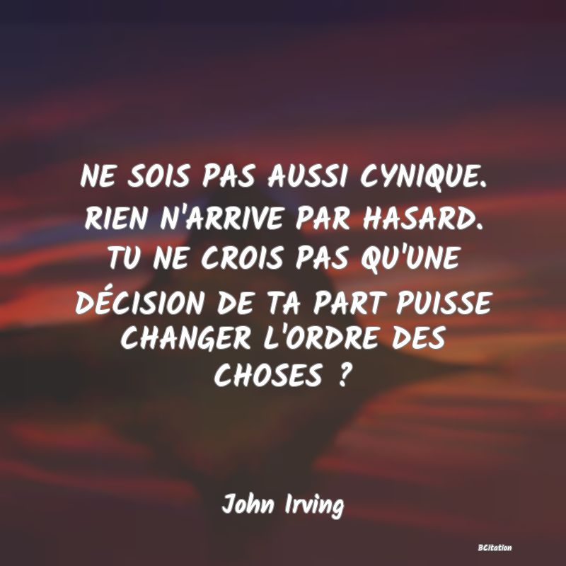 Belle Citation - NE SOIS PAS AUSSI CYNIQUE. RIEN N'ARRIVE PAR HASARD. TU NE CROIS PAS QU'UNE DÉCISION DE TA PART PUISSE CHANGER L'ORDRE DES CHOSES ? - John Irving