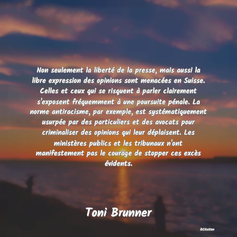 image de citation: Non seulement la liberté de la presse, mais aussi la libre expression des opinions sont menacées en Suisse. Celles et ceux qui se risquent à parler clairement s'exposent fréquemment à une poursuite pénale. La norme antiracisme, par exemple, est systématiquement usurpée par des particuliers et des avocats pour criminaliser des opinions qui leur déplaisent. Les ministères publics et les tribunaux n'ont manifestement pas le courage de stopper ces excès évidents.