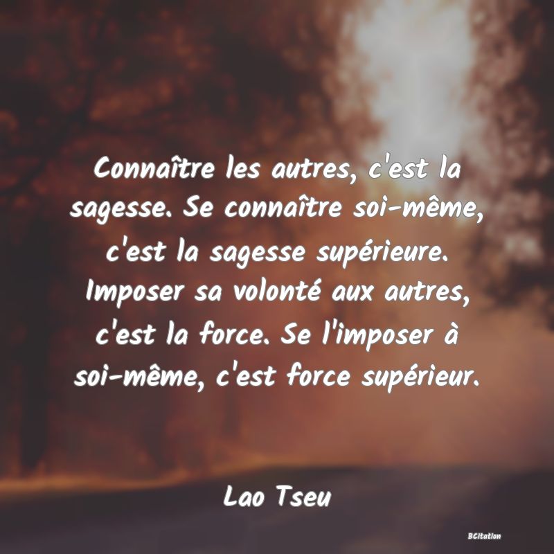 image de citation: Connaître les autres, c'est la sagesse. Se connaître soi-même, c'est la sagesse supérieure. Imposer sa volonté aux autres, c'est la force. Se l'imposer à soi-même, c'est force supérieur.