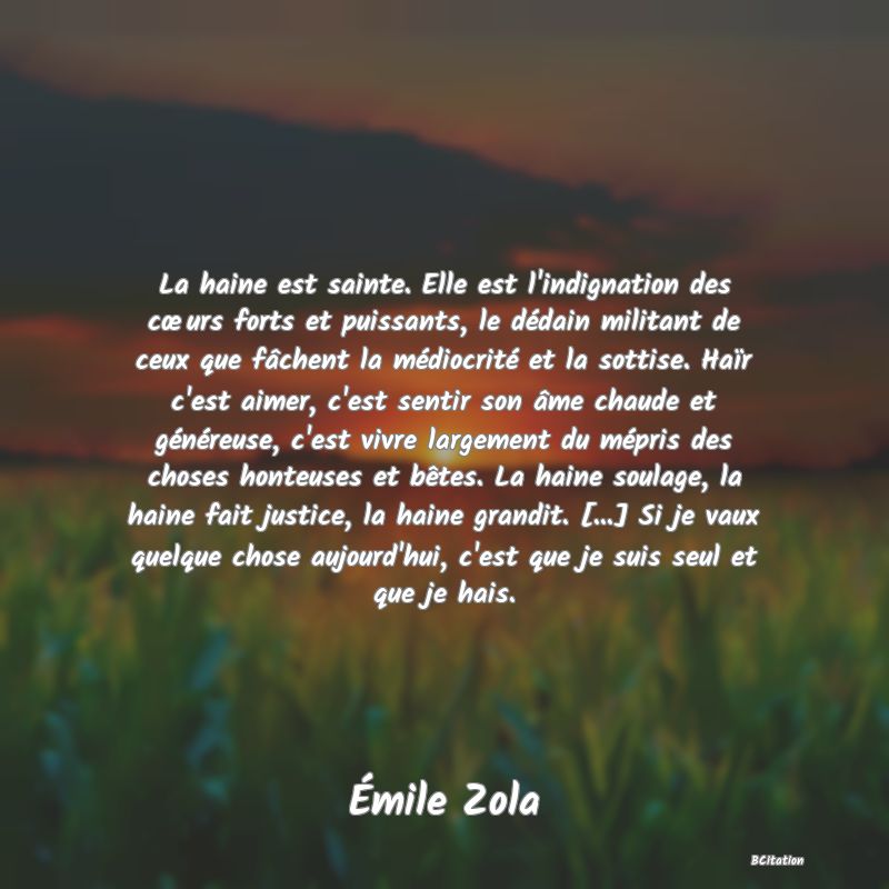 Belle Citation - La haine est sainte. Elle est l'indignation des cœurs forts et puissants, le dédain militant de ceux que fâchent la médiocrité et la sottise. Haïr c'est aimer, c'est sentir son âme chaude et généreuse, c'est vivre largement du mépris des choses honteuses et bêtes. La haine soulage, la haine fait justice, la haine grandit. [...] Si je vaux quelque chose aujourd'hui, c'est que je suis seul et que je hais. - Émile Zola