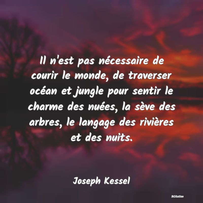 image de citation: Il n'est pas nécessaire de courir le monde, de traverser océan et jungle pour sentir le charme des nuées, la sève des arbres, le langage des rivières et des nuits.