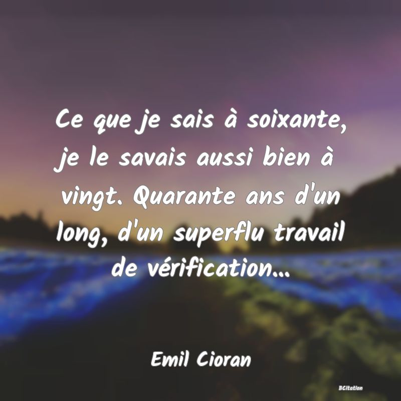 image de citation: Ce que je sais à soixante, je le savais aussi bien à vingt. Quarante ans d'un long, d'un superflu travail de vérification...