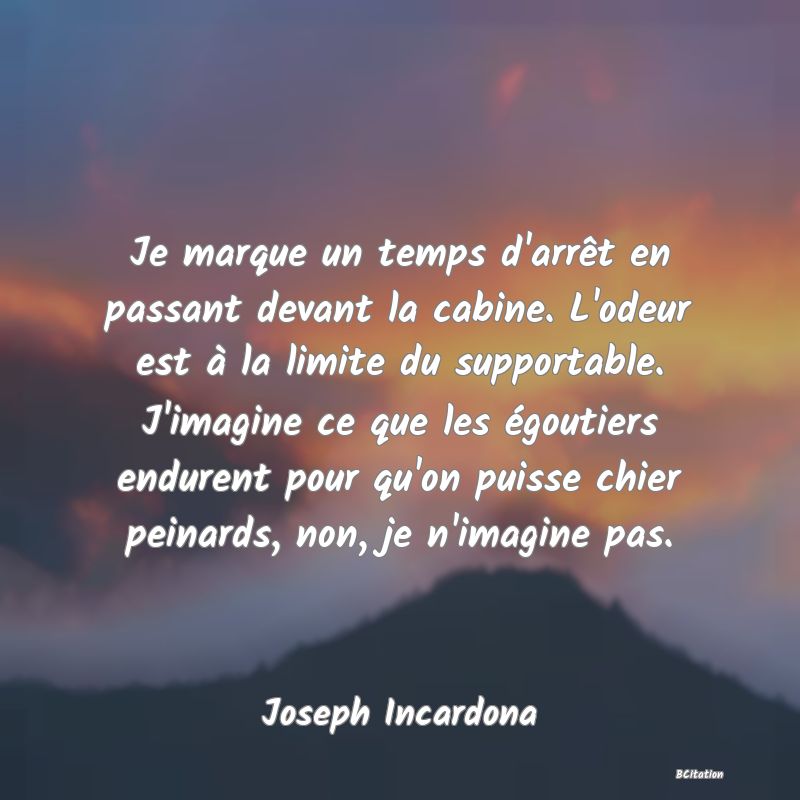 image de citation: Je marque un temps d'arrêt en passant devant la cabine. L'odeur est à la limite du supportable. J'imagine ce que les égoutiers endurent pour qu'on puisse chier peinards, non, je n'imagine pas.