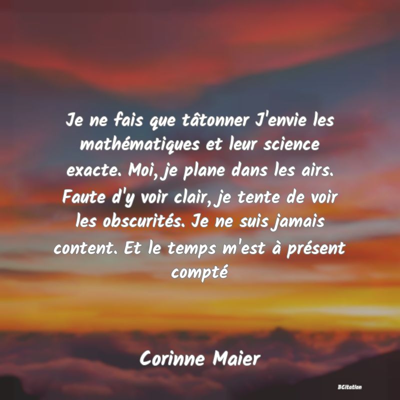 image de citation: Je ne fais que tâtonner J'envie les mathématiques et leur science exacte. Moi, je plane dans les airs. Faute d'y voir clair, je tente de voir les obscurités. Je ne suis jamais content. Et le temps m'est à présent compté