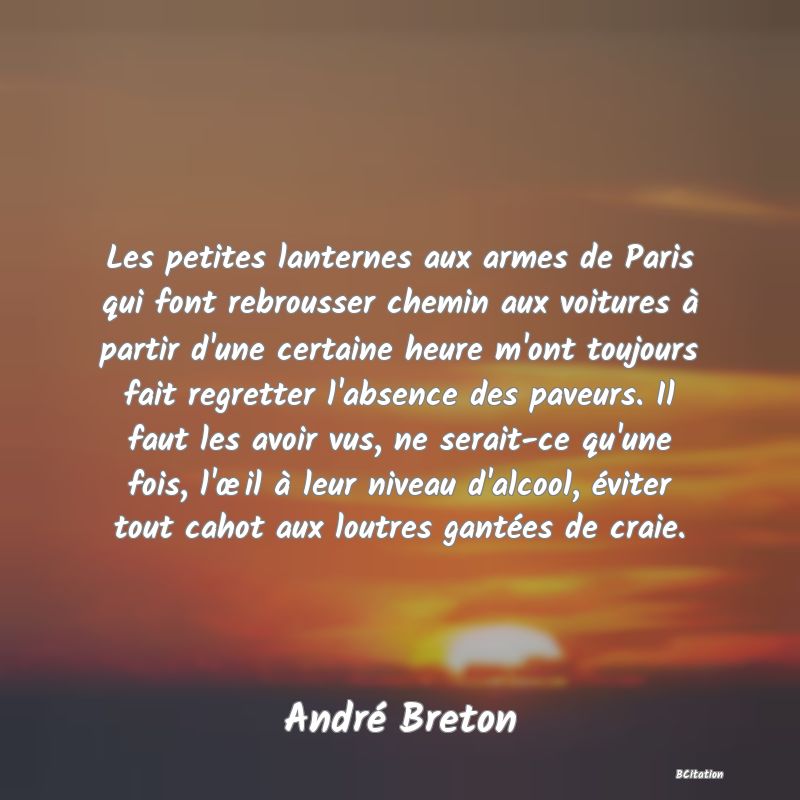 image de citation: Les petites lanternes aux armes de Paris qui font rebrousser chemin aux voitures à partir d'une certaine heure m'ont toujours fait regretter l'absence des paveurs. Il faut les avoir vus, ne serait-ce qu'une fois, l'œil à leur niveau d'alcool, éviter tout cahot aux loutres gantées de craie.