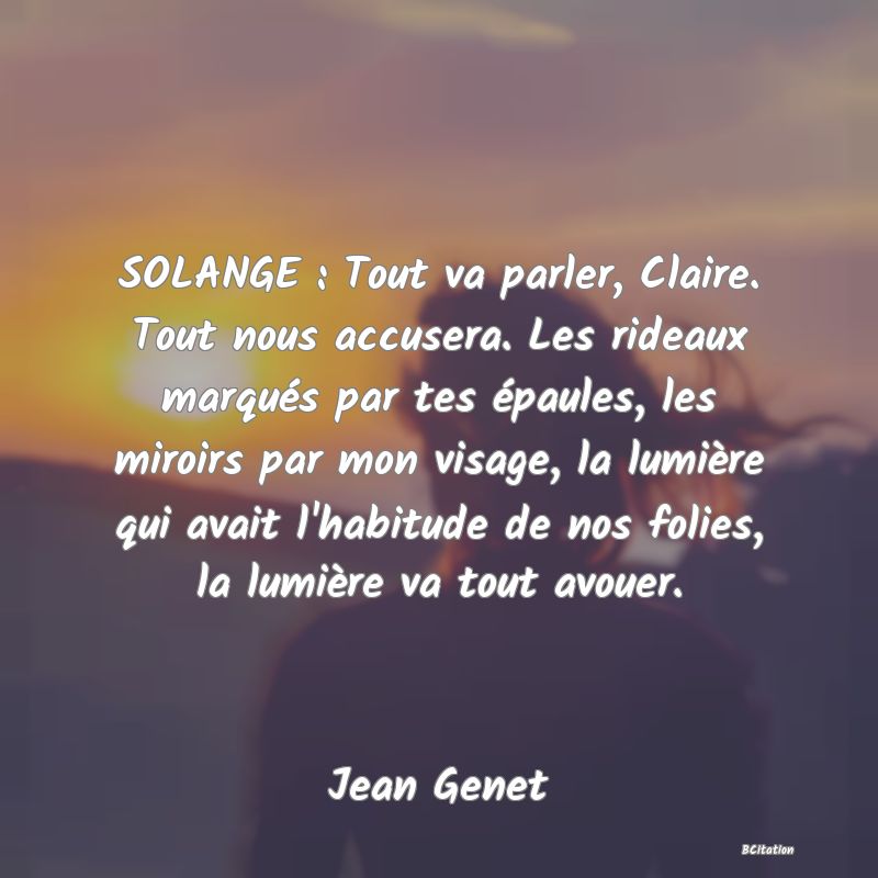 image de citation: SOLANGE : Tout va parler, Claire. Tout nous accusera. Les rideaux marqués par tes épaules, les miroirs par mon visage, la lumière qui avait l'habitude de nos folies, la lumière va tout avouer.