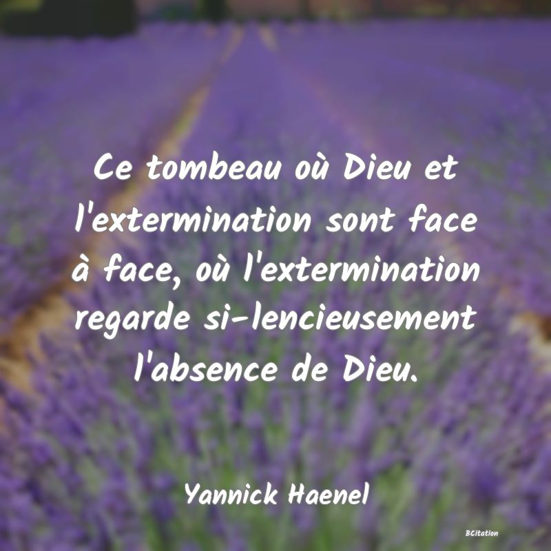 image de citation: Ce tombeau où Dieu et l'extermination sont face à face, où l'extermination regarde si­lencieusement l'absence de Dieu.