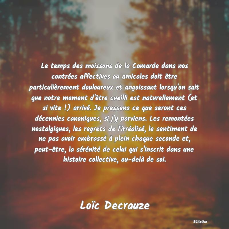 image de citation: Le temps des moissons de la Camarde dans nos contrées affectives ou amicales doit être particulièrement douloureux et angoissant lorsqu'on sait que notre moment d'être cueilli est naturellement (et si vite !) arrivé. Je pressens ce que seront ces décennies canoniques, si j'y parviens. Les remontées nostalgiques, les regrets de l'irréalisé, le sentiment de ne pas avoir embrassé à plein chaque seconde et, peut-être, la sérénité de celui qui s'inscrit dans une histoire collective, au-delà de soi.