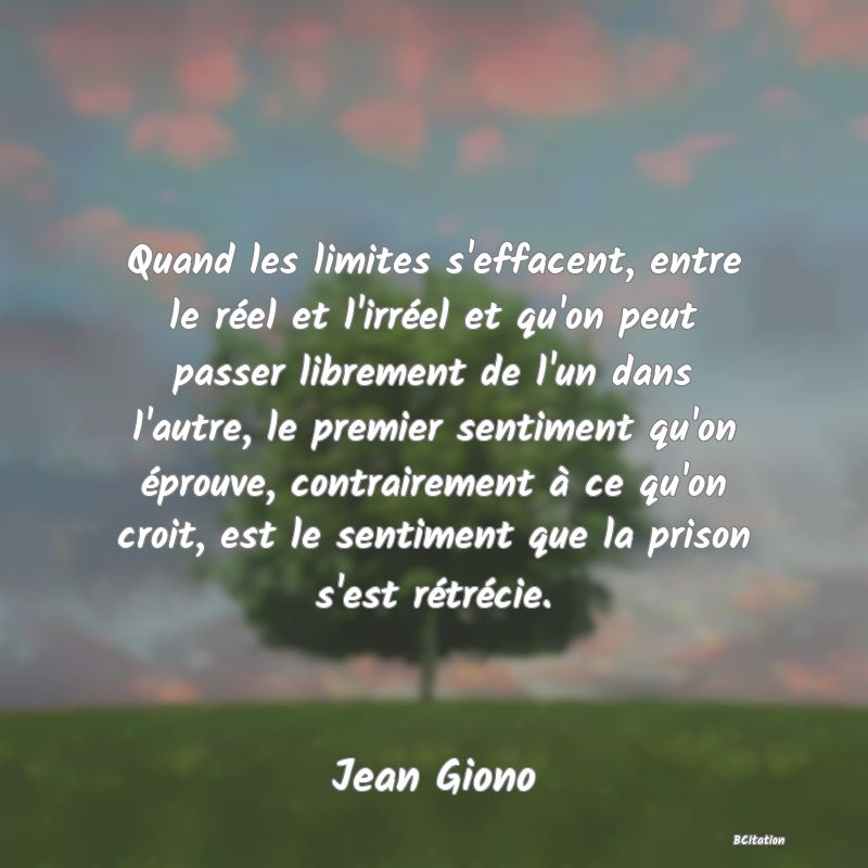 image de citation: Quand les limites s'effacent, entre le réel et l'irréel et qu'on peut passer librement de l'un dans l'autre, le premier sentiment qu'on éprouve, contrairement à ce qu'on croit, est le sentiment que la prison s'est rétrécie.