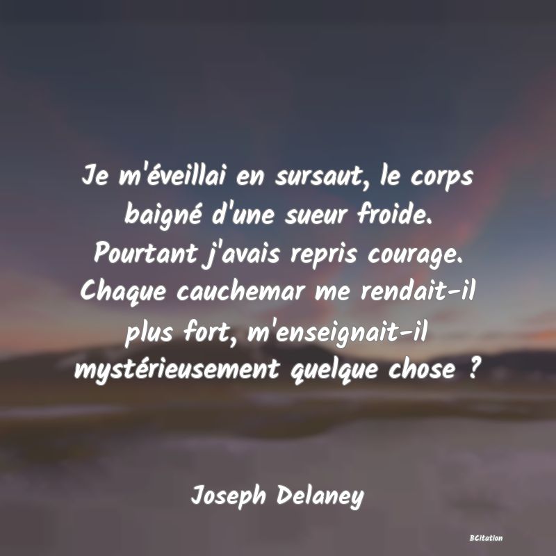 image de citation: Je m'éveillai en sursaut, le corps baigné d'une sueur froide. Pourtant j'avais repris courage. Chaque cauchemar me rendait-il plus fort, m'enseignait-il mystérieusement quelque chose ?