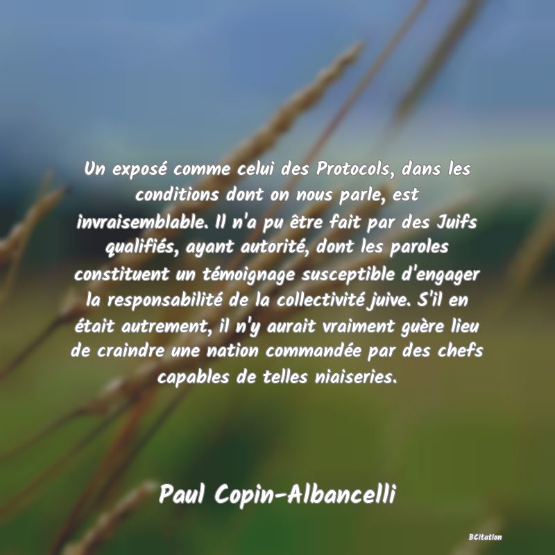 image de citation: Un exposé comme celui des Protocols, dans les conditions dont on nous parle, est invraisemblable. Il n'a pu être fait par des Juifs qualifiés, ayant autorité, dont les paroles constituent un témoignage susceptible d'engager la responsabilité de la collectivité juive. S'il en était autrement, il n'y aurait vraiment guère lieu de craindre une nation commandée par des chefs capables de telles niaiseries.