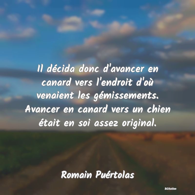 image de citation: Il décida donc d'avancer en canard vers l'endroit d'où venaient les gémissements. Avancer en canard vers un chien était en soi assez original.