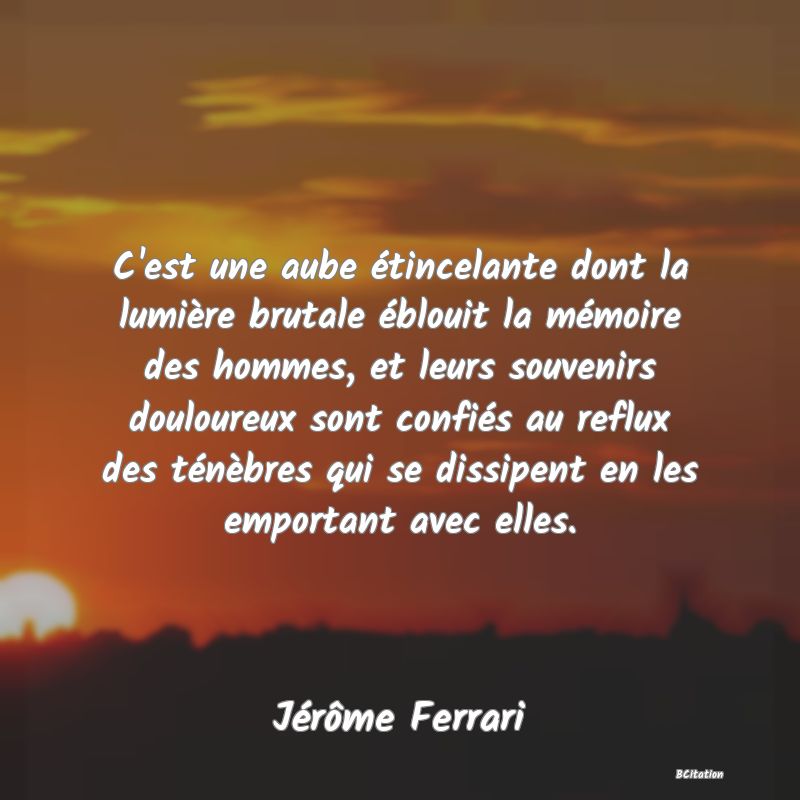 image de citation: C'est une aube étincelante dont la lumière brutale éblouit la mémoire des hommes, et leurs souvenirs douloureux sont confiés au reflux des ténèbres qui se dissipent en les emportant avec elles.