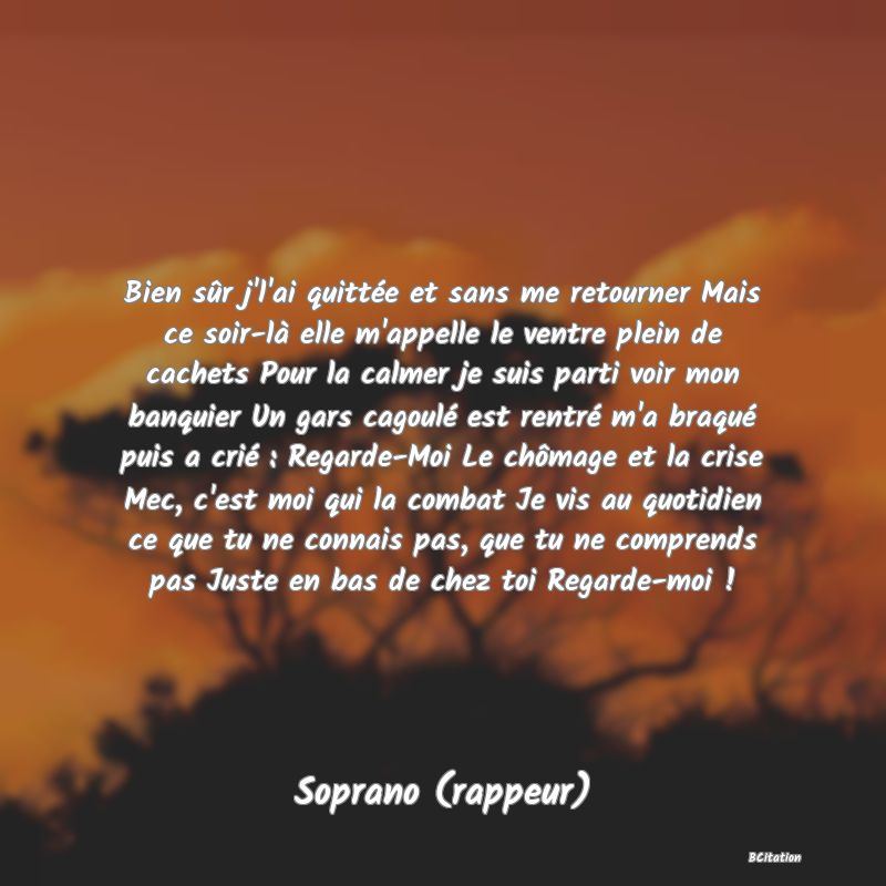 image de citation: Bien sûr j'l'ai quittée et sans me retourner Mais ce soir-là elle m'appelle le ventre plein de cachets Pour la calmer je suis parti voir mon banquier Un gars cagoulé est rentré m'a braqué puis a crié : Regarde-Moi Le chômage et la crise Mec, c'est moi qui la combat Je vis au quotidien ce que tu ne connais pas, que tu ne comprends pas Juste en bas de chez toi Regarde-moi !