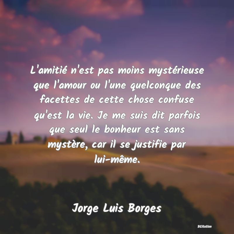 image de citation: L'amitié n'est pas moins mystérieuse que l'amour ou l'une quelconque des facettes de cette chose confuse qu'est la vie. Je me suis dit parfois que seul le bonheur est sans mystère, car il se justifie par lui-même.