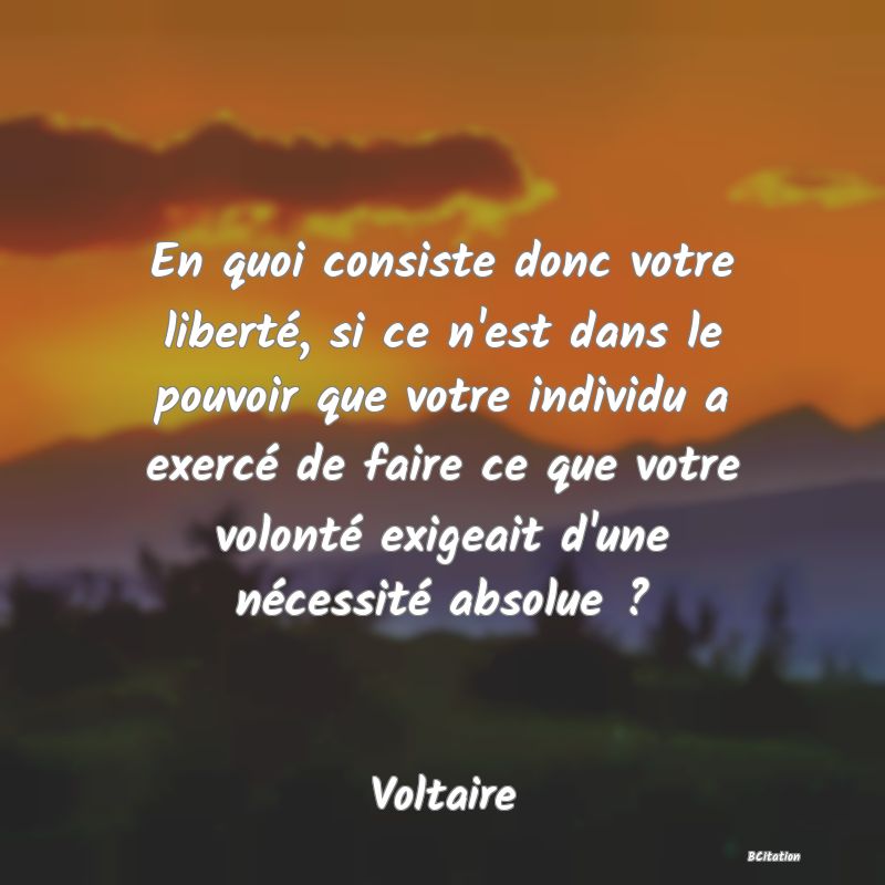 image de citation: En quoi consiste donc votre liberté, si ce n'est dans le pouvoir que votre individu a exercé de faire ce que votre volonté exigeait d'une nécessité absolue ?