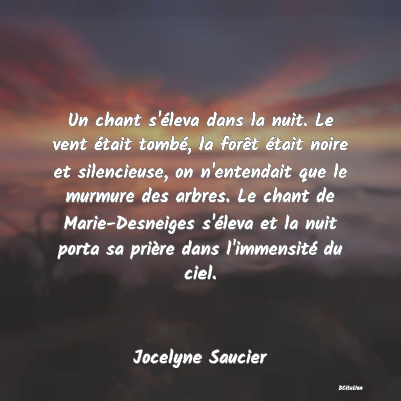 image de citation: Un chant s'éleva dans la nuit. Le vent était tombé, la forêt était noire et silencieuse, on n'entendait que le murmure des arbres. Le chant de Marie-Desneiges s'éleva et la nuit porta sa prière dans l'immensité du ciel.