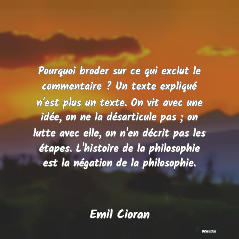 image de citation: Pourquoi broder sur ce qui exclut le commentaire ? Un texte expliqué n'est plus un texte. On vit avec une idée, on ne la désarticule pas ; on lutte avec elle, on n'en décrit pas les étapes. L'histoire de la philosophie est la négation de la philosophie.