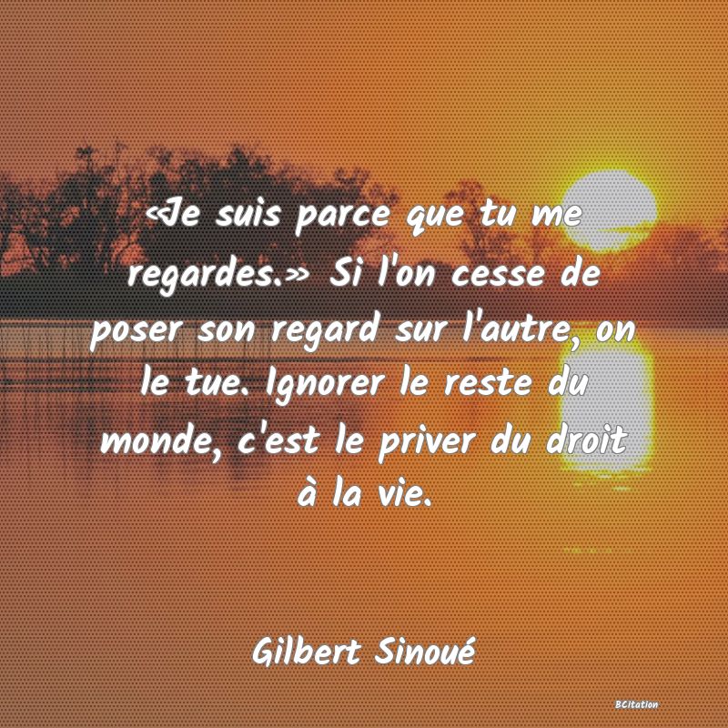 image de citation: «Je suis parce que tu me regardes.» Si l'on cesse de poser son regard sur l'autre, on le tue. Ignorer le reste du monde, c'est le priver du droit à la vie.