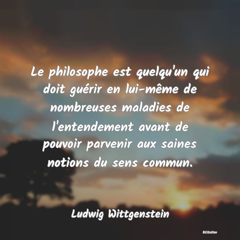 image de citation: Le philosophe est quelqu'un qui doit guérir en lui-même de nombreuses maladies de l'entendement avant de pouvoir parvenir aux saines notions du sens commun.