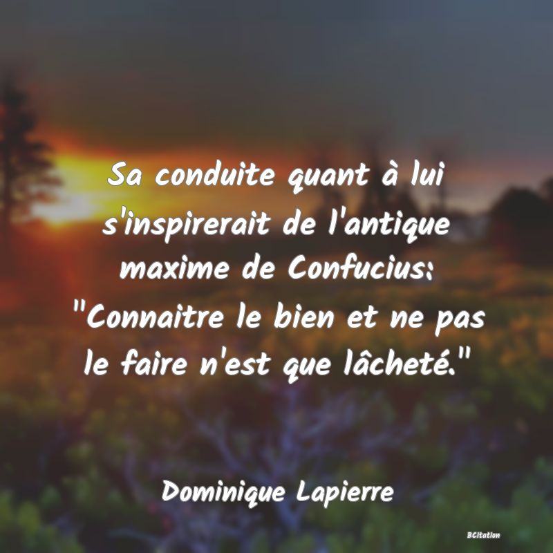 image de citation: Sa conduite quant à lui s'inspirerait de l'antique maxime de Confucius:  Connaitre le bien et ne pas le faire n'est que lâcheté. 