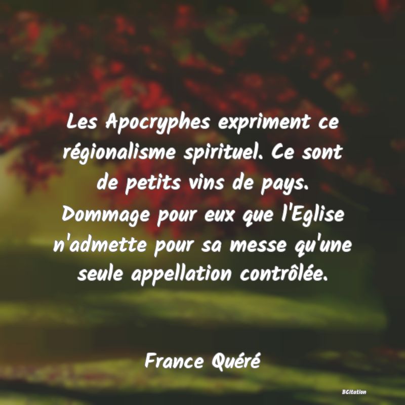 image de citation: Les Apocryphes expriment ce régionalisme spirituel. Ce sont de petits vins de pays. Dommage pour eux que l'Eglise n'admette pour sa messe qu'une seule appellation contrôlée.