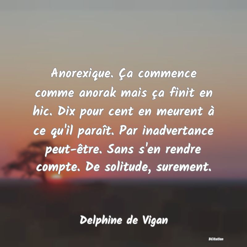 image de citation: Anorexique. Ça commence comme anorak mais ça finit en hic. Dix pour cent en meurent à ce qu'il paraît. Par inadvertance peut-être. Sans s'en rendre compte. De solitude, surement.