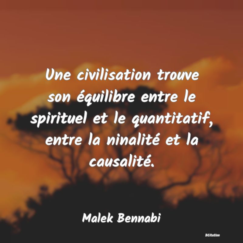 image de citation: Une civilisation trouve son équilibre entre le spirituel et le quantitatif, entre la ninalité et la causalité.